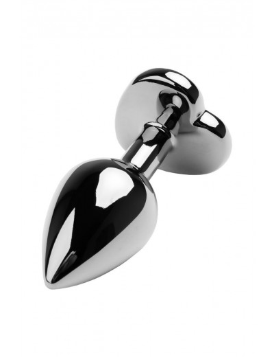 Серебристая коническая анальная пробка с черным кристаллом-сердечком - 7 см.