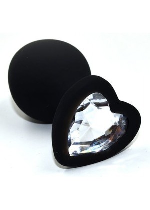 Черная анальная силиконовая пробка с прозрачным кристаллом в форме сердца - 8,8 см.