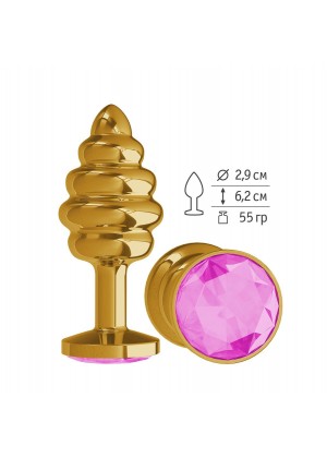 Золотистая пробка с рёбрышками и розовым кристаллом - 7 см.