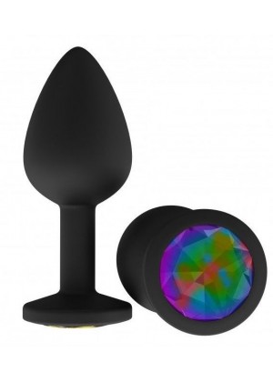 Чёрная анальная втулка с разноцветным кристаллом - 7,3 см. 
