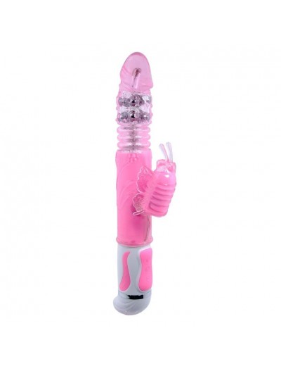 Розовый вибратор с вращением бусин и клиторальной бабочкой - 30 см.