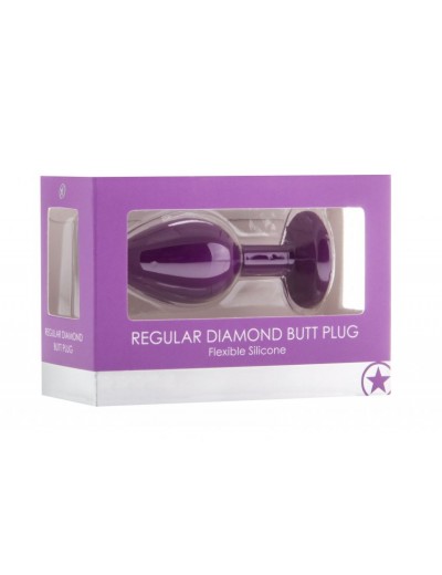 Фиолетовая анальная пробка OUCH! Regular Diamond Butt Plug с прозрачным кристаллом - 7,3 см.