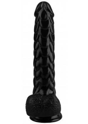 Черный реалистичный фаллоимитатор с чешуйками на присоске - 24 см.