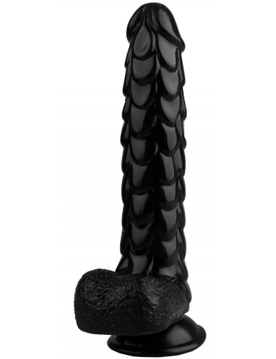 Черный реалистичный фаллоимитатор с чешуйками на присоске - 24 см.