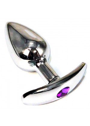 Серебристая анальная пробка для ношения с фиолетовым кристаллом - 6 см.