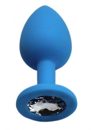 Голубая анальная пробка с прозрачным кристаллом - 7,4 см.