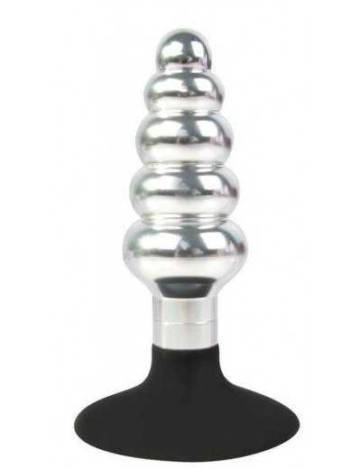 Серебристо-черная анальная пробка-елочка с круглым ограничителем - 10 см.
