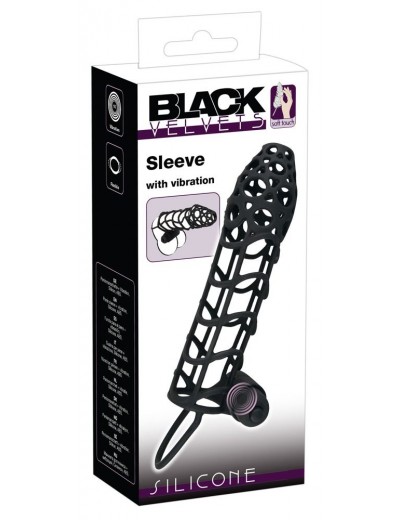 Чёрная закрытая насадка-сетка на пенис с вибрацией Black Velvet - 14 см.