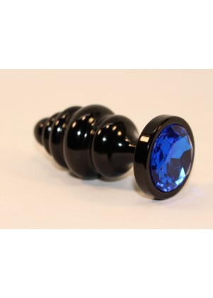 Черная фигурная анальная пробка с синим кристаллом - 8,2 см.
