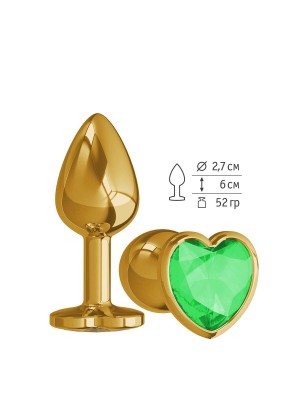 Золотистая анальная втулка с зеленым кристаллом-сердцем - 7 см.