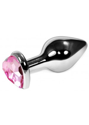 Серебристая анальная пробка со светло-розовым кристаллом-сердцем - 8 см.