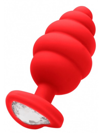 Красная анальная пробка Extra Large Ribbed Diamond Heart Plug - 9,6 см.