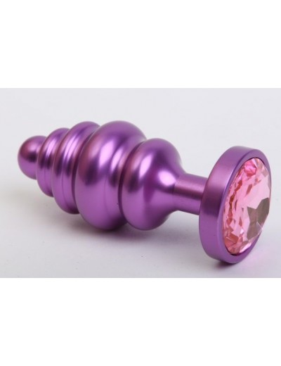 Фиолетовая ребристая анальная пробка с розовым кристаллом - 7,3 см.