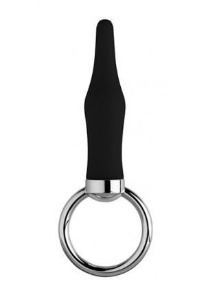 Черная коническая анальная пробка с кольцом - 8 см.
