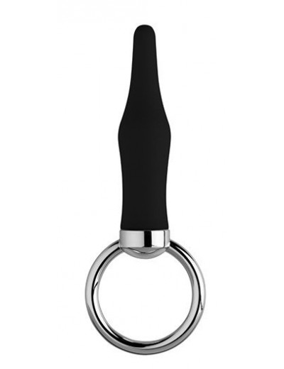 Черная коническая анальная пробка с кольцом - 8 см.