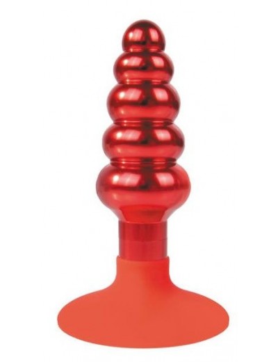 Красная анальная пробка-елочка с круглым ограничителем - 10 см.