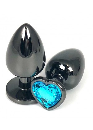 Черная металлическая анальная пробка с голубым стразом-сердечком - 7,5 см.
