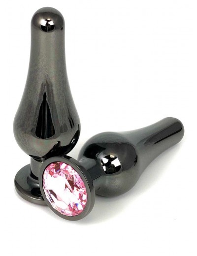 Черная удлиненная анальная пробка с нежно-розовым кристаллом - 10 см.