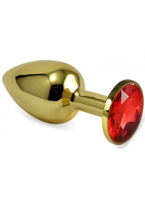 Золотистая анальная пробка с красным кристаллом - 7 см.