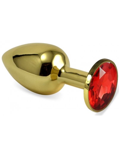 Золотистая анальная пробка с красным кристаллом - 7 см.