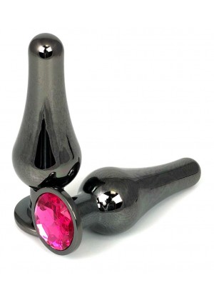 Черная удлиненная анальная пробка с розовым кристаллом - 10 см.