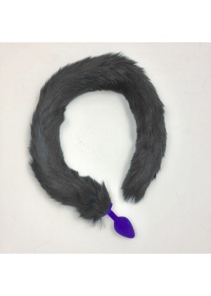 Фиолетовая силиконовая анальная пробка с длинным черным хвостом
