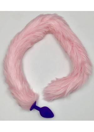 Фиолетовая силиконовая анальная пробка с розовым хвостиком - размер S