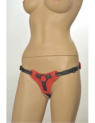 Красно-чёрные трусики для фиксации насадок кольцом Kanikule Leather Strap-on Harness  Anatomic Thong