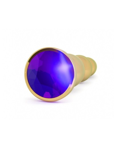 Золотистая анальная пробка-ёлочка с фиолетовым кристаллом - 14 см.