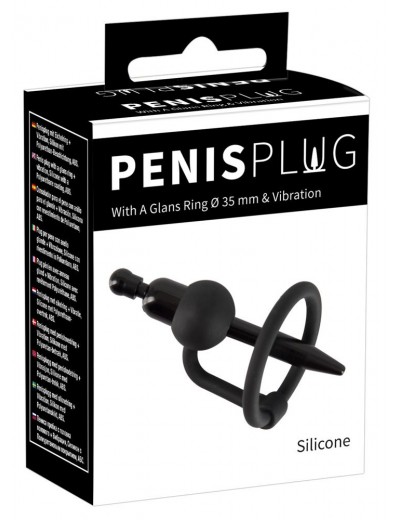 Черный силиконовый дилятор с вибрацией и кольцом PenisPlug with a Glans Ring   Vibration