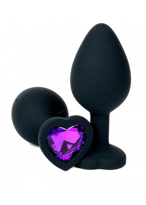 Черная силиконовая пробка с фиолетовым кристаллом-сердцем - 8,5 см.