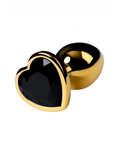 Золотистая коническая анальная пробка с черным кристаллом-сердечком - 7 см.