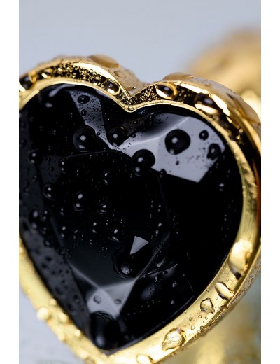 Золотистая коническая анальная пробка с черным кристаллом-сердечком - 7 см.