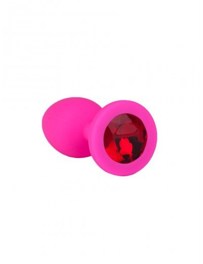 Розовая силиконовая анальная втулка с красным кристаллом - 7,3 см.