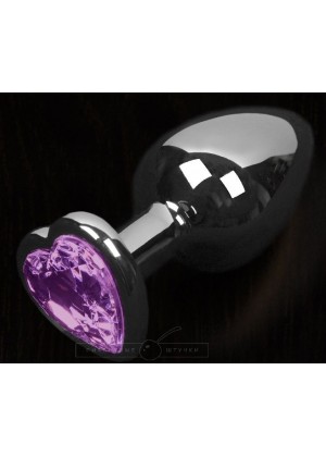 Графитовая анальная пробка с фиолетовым кристаллом в виде сердечка - 6 см.