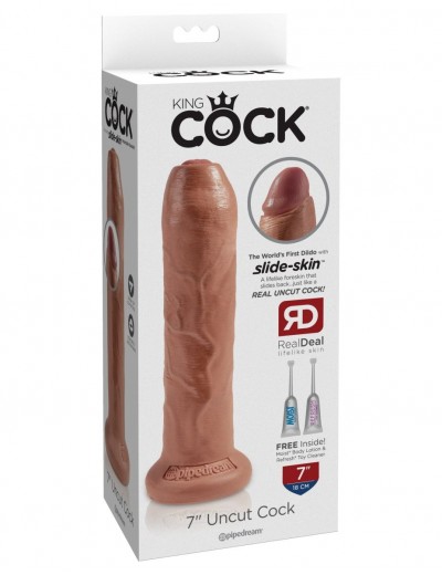 Кофейный необрезанный фаллоимитатор на присоске 7  Uncut Cock - 19,1 см.