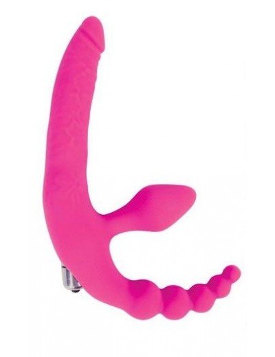 Розовый безремневой страпон с анальным отростком и вибрацией - 15 см.