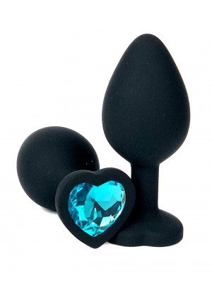 Черная силиконовая пробка с голубым кристаллом-сердцем - 8 см.