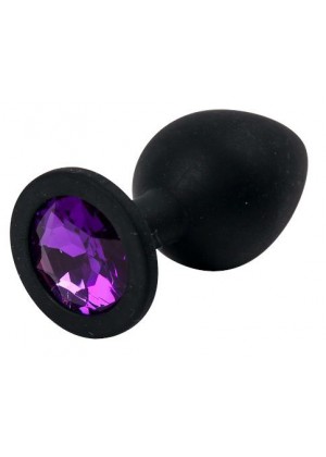 Черная силиконовая анальная пробка с фиолетовым стразом - 8,2 см.