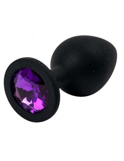 Черная силиконовая анальная пробка с фиолетовым стразом - 8,2 см.