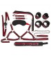 Черно-красный набор БДСМ: наручники, оковы, ошейник с поводком, кляп, маска, плеть, лиф