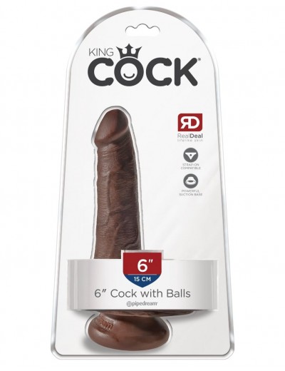 Коричневый фаллоимитатор с мошонкой и присоской 6  Cock with Balls - 17,8 см.