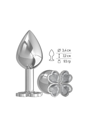 Средняя серебристая анальная втулка с клевером из прозрачных кристаллов - 8,5 см.
