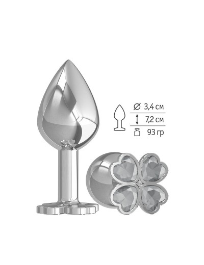 Средняя серебристая анальная втулка с клевером из прозрачных кристаллов - 8,5 см.