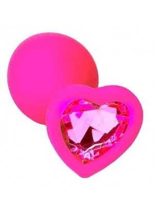 Розовая анальная пробка из силикона с розовым кристаллом в форме сердца - 8,8 см.