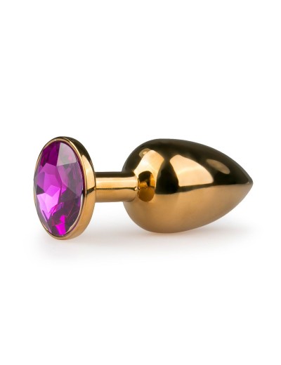 Золотистая анальная пробка с фиолетовым кристаллом Metal Butt Plug - 7,2 см.