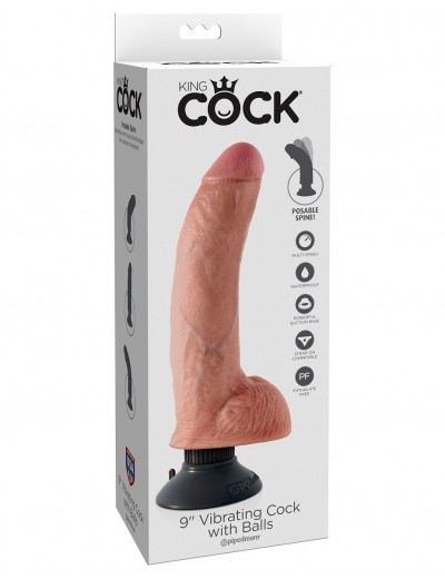 Телесный виброфаллос со съемной присоской 9  Vibrating Cock with Balls - 22,9 см.