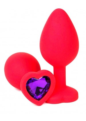 Красная силиконовая анальная пробка с фиолетовым стразом-сердцем - 10,5 см.