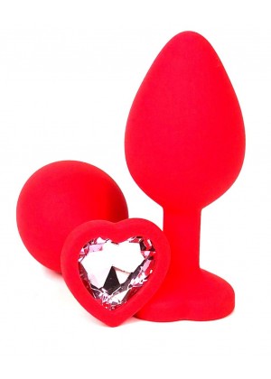 Красная силиконовая анальная пробка с нежно-розовым стразом-сердцем - 8,5 см.