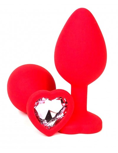 Красная силиконовая анальная пробка с нежно-розовым стразом-сердцем - 8,5 см.
